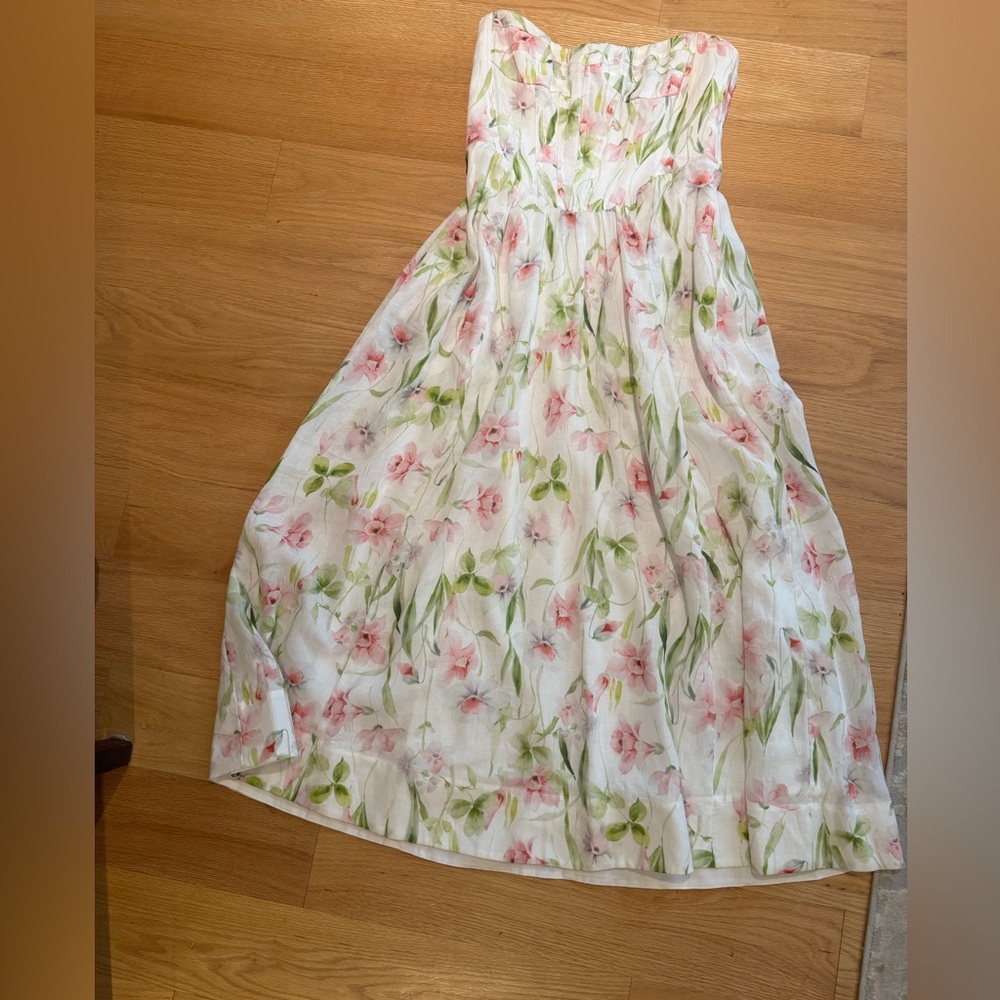 Bardot White Dress with Pink and Green Floral Design